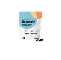 A packet labeled Complement Essential with multicolored design elements, featuring health supplement information. Three dark capsules are displayed beside the packet on a plain white background.