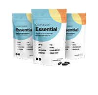 Three standing pouches labeled Supplement Essential with colorful blue, orange, and yellow design. Two black capsules are placed in front of the packages on a white background.