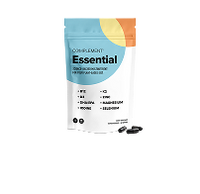A white and pastel-colored resealable pouch labeled Essential containing dietary supplement tablets, with a few black tablets placed beside the package on a light background.