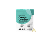 A box labeled Omega Complex with teal and white design sits on a white background. Next to the box are two yellow omega oil capsules. The packaging lists omega-3, omega-6, and omega-9 among its ingredients.