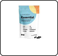 A white resealable pouch labeled Essential with colorful blue and orange accents, listing various minerals and nutrients; two black capsules are placed beside the pouch.