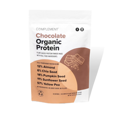 Package of Complement Chocolate Organic Protein powder, featuring plant-based ingredients like almond, chia seed, pumpkin seed, sunflower seed, and yellow pea. The packaging highlights no preservatives and no added sugars.