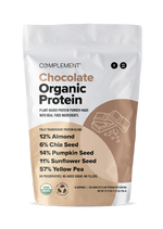 A white and brown pouch of Complement Chocolate Organic Protein. It lists ingredients: 12% almond, 6% chia seed, 14% pumpkin seed, 11% sunflower seed, and 57% yellow pea. The label mentions no preservatives and 15g protein per serving.