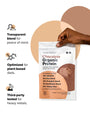 Pouch of Chocolate Organic Protein, with text: 89 calories, 15g protein, 3g net carbs, 30 servings and zero added sugar