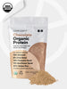 Pouch of Chocolate Organic Protein, with text: 89 calories, 15g protein, 3g net carbs, 30 servings and zero added sugar