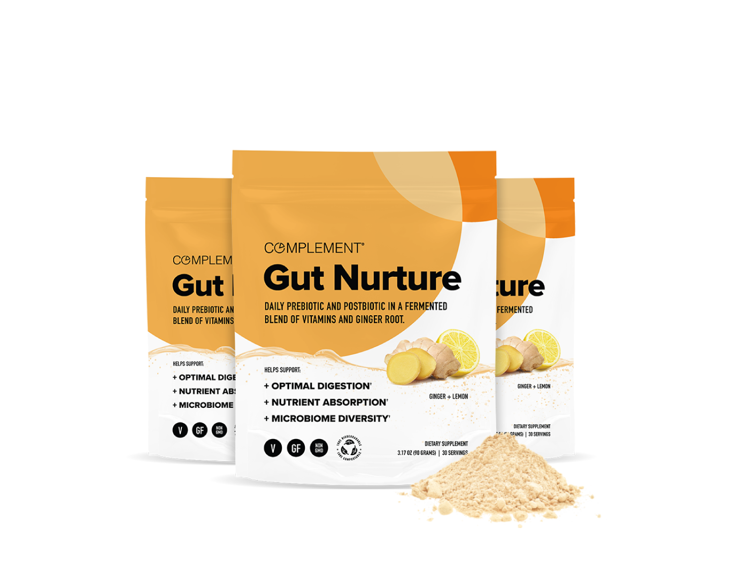 Three yellow and white pouches of Complement Gut Nurture supplement, featuring images of ginger root and lemon slices, stand upright with orange powder displayed in front of them.