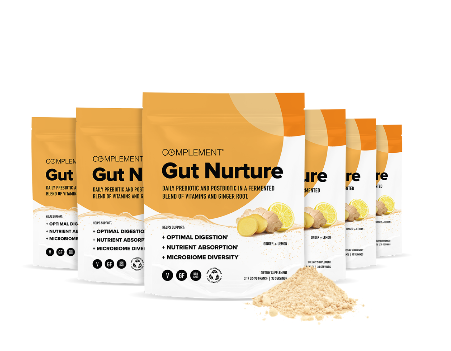 Six Complement Gut Nurture powder pouches with ginger and lemon slices on the packaging, arranged in a staggered line, with powder spilled in front. The product supports digestion and gut health.