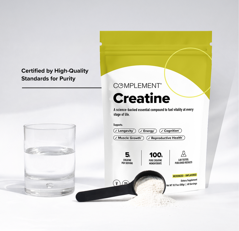 A yellow and white creatine supplement pouch stands next to a glass of water and a scoop of powder. Text highlights purity, longevity, energy, and other health benefits.