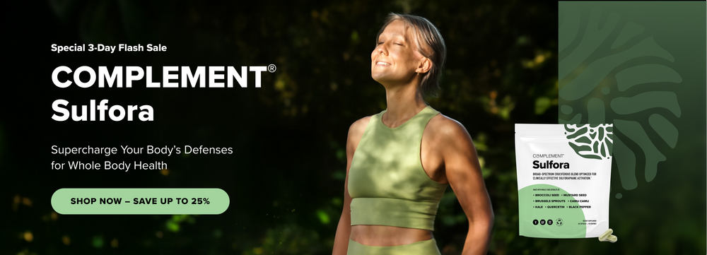 A smiling woman in athletic wear stands outdoors, eyes closed in sunlight. Beside her is a product bag labeled “Complement Sulfora.” Text offers a flash sale with up to 25% savings for whole body health.