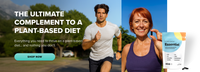 A man jogs outdoors while a smiling woman holds a packet of Complement Essential, a plant-based supplement. Text promotes it as “The ultimate complement to a plant-based diet.” A “Shop now” button appears at the bottom left.