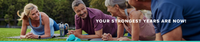 Four older adults exercise on yoga mats outdoors, smiling and engaging in a plank position. Bright dumbbells and water bottles are in the foreground. Text over the image reads, YOUR STRONGEST YEARS ARE NOW!.