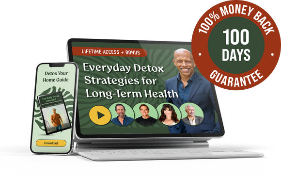 A laptop displays Everyday Detox Strategies for Long-Term Health with photos of five speakers, alongside a phone showing Detox Your Home Guide. A badge reads 100% Money Back Guarantee, 100 Days.