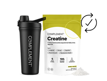 Black shaker bottle labeled Complement next to a yellow and white bag of Complement Creatine powder, with a small mound of white powder and a circular arrow graphic in the background.