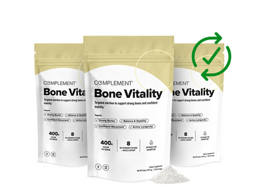 Three beige and white pouches labeled Complement Bone Vitality with supplement powder spilled in front. A green check mark and arrows are shown in the upper right.