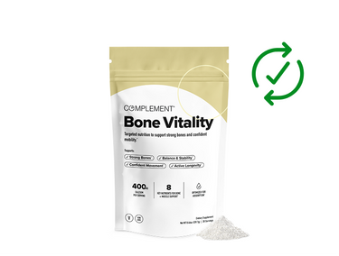 A packet labeled Bone Vitality with white powder spilled next to it. The packaging highlights benefits like strong bones and confident movement. A green check mark is shown near the top right.