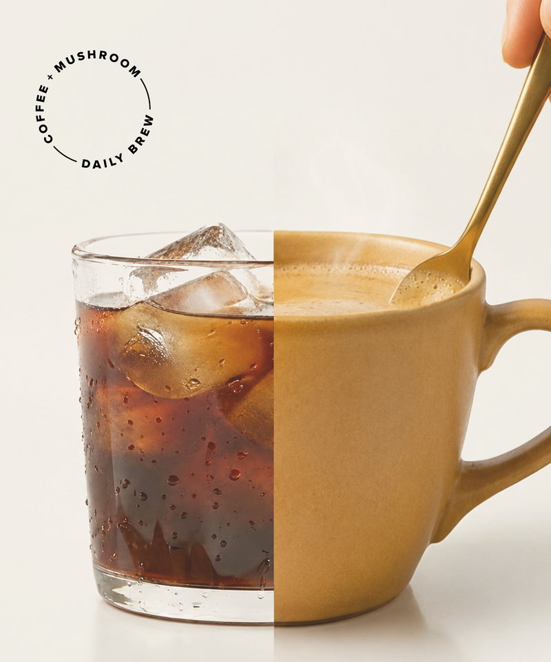 A split image: left side shows an iced coffee in a clear glass, right side shows a steaming hot coffee in a ceramic mug being stirred with a spoon. Text reads: “COFFEE + MUSHROOM DAILY BREW” in a circle.