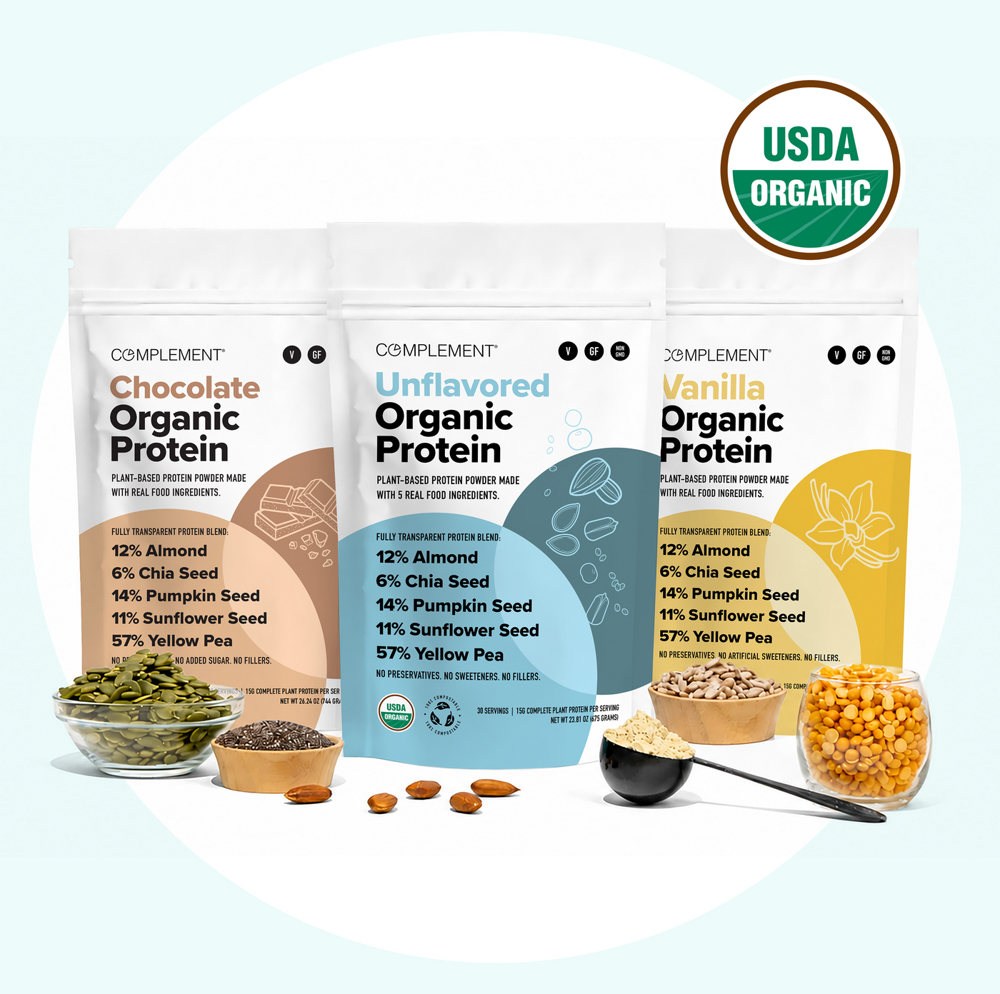 Three pouches of Complement Organic Protein (Chocolate, Unflavored, Vanilla) stand surrounded by seeds and powders with a USDA Organic seal in the top right corner.