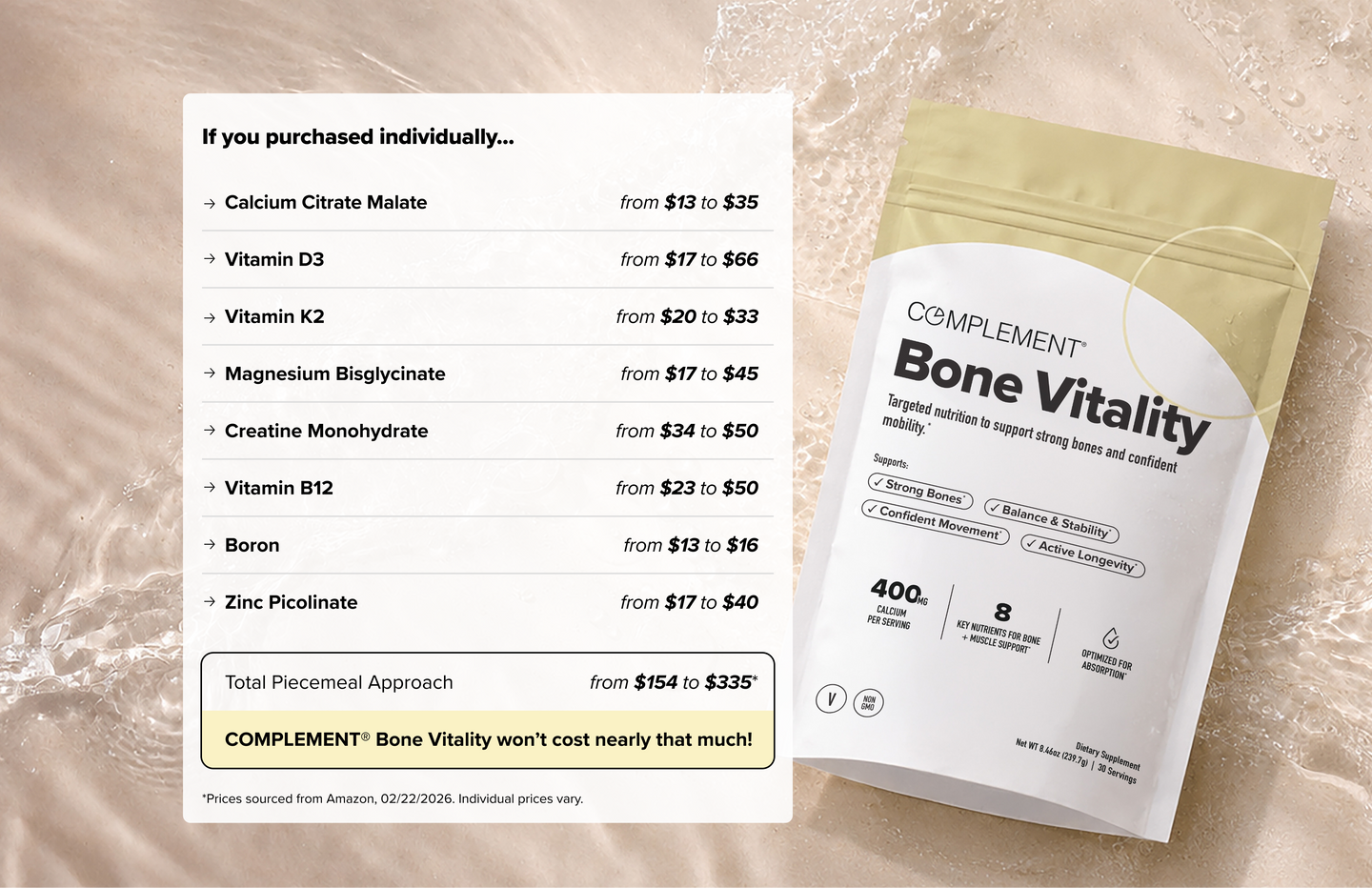 A chart compares supplement prices to Complement Bone Vitality powder on a beige background. The powder bag is pictured, highlighting its support for strong bones. The chart shows higher costs for purchasing individual supplements.