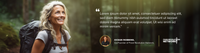 Smiling woman with backpack stands in a sunlit forest. A quote is displayed beside her, with a photo of Ocean Robbins and Food Revolution Network logos at the bottom.