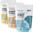 Three standing pouches of Complement Organic Protein powder in Vanilla, Chocolate, and Unflavored varieties with ingredient highlights on the front.