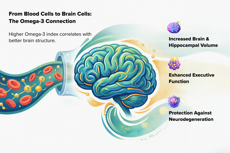 Illustration of omega-3 molecules flowing from blood cells into a brain, highlighting benefits: increased brain and hippocampal volume, enhanced executive function, and protection against neurodegeneration.