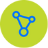 A blue geometric network symbol with three interconnected circles is centered on a lime green circular background.