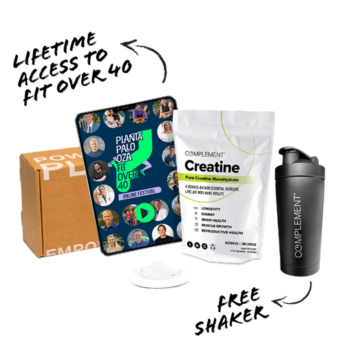 A health supplement bundle including a box labeled PLANT POWER PLATE, a festival flyer, a bag of Complement Creatine supplement, a black Complement shaker bottle, and a serving of powdered creatine on a spoon.