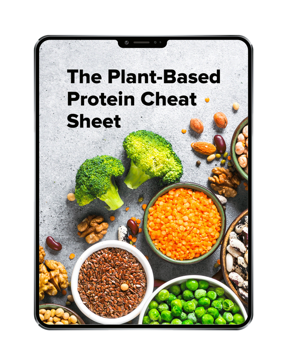 A tablet screen displays “The Plant-Based Protein Cheat Sheet” with bowls of lentils, beans, peas, nuts, seeds, and two broccoli florets arranged on a gray surface.