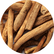 A close-up of several dried ashwagandha roots scattered in a circular pattern, showing their rough texture and natural brown color.