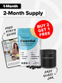 Promotional image for a 2-month supply of Complement Essential multinutrient. Includes a pouch, pills, a free glass jar, a guide titled Reversing Female Hair Loss, and a Buy 2 Get 1 Free offer.