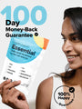 A person smiles while holding a colorful package of Complement Essential multivitamins. Text on the image reads 100 Day Money-Back Guarantee and 100% Happy Guarantee. The package mentions vitamins and minerals for a plant-based diet.