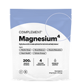 A white and light blue pouch labeled Complement Magnesium4, highlighting benefits like mental clarity, mood balance, muscle relaxation, and cellular energy, with 200mg magnesium per serving.