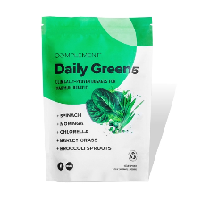 A green and white package of Daily Green 5 by OsmiPlevent. Its a plant-based protein with spinach, moringa, chlorella, barley grass, and broccoli sprouts, promoting immune and digestive health.