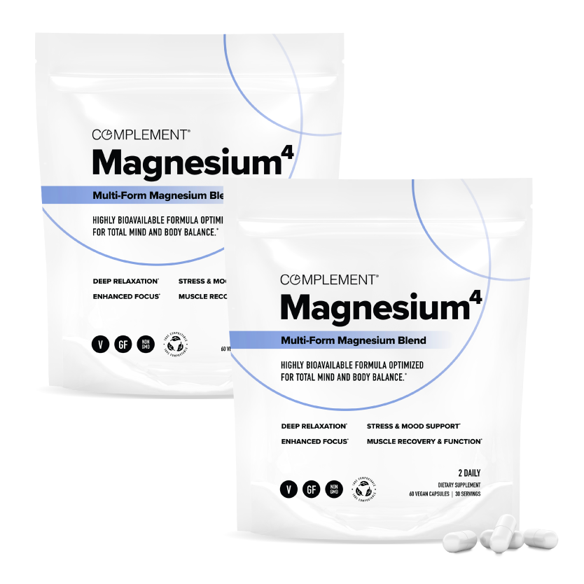Two white pouches labeled COMPLEMENT® Magnesium - 2X Bundle by Complement, with three capsules in front. Packaging highlights focus, relaxation, muscle recovery, and full-spectrum magnesium for mind and body balance.