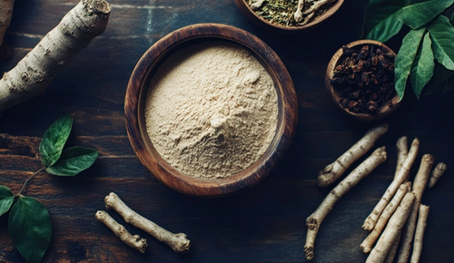 A wooden bowl filled with a fine beige powder, surrounded by fresh and dried roots, leaves, and herbs on a dark wooden surface. The arrangement suggests a natural or herbal theme.