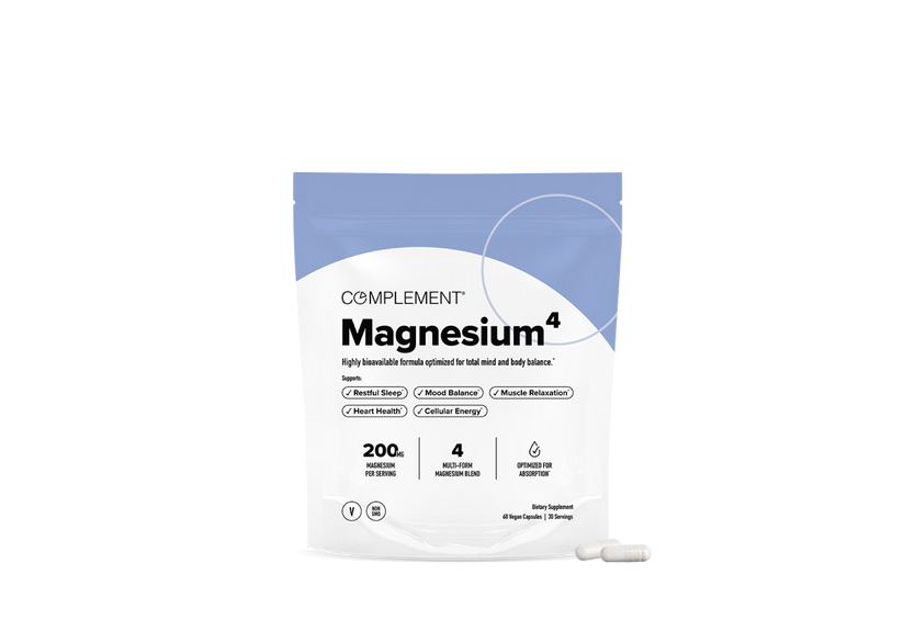 Complement Magnesium4 supplement pouch. Highlights restful sleep, mood balance, muscle relaxation, heart health, and cellular energy. Contains 200mg magnesium per serving in a 4-form blend. Optimized for absorption.