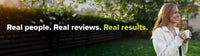 A smiling woman in a light jacket holds a mug outdoors near trees and a wooden fence. Text reads: Real people. Real reviews. Real results.