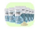 The 6x Unflavored Protein by Complement is showcased against a light green background, with a small pile of the organic powder in front.