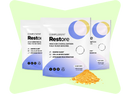 Pouches of 3x Complement Restore feature a yellow powder on a green background, with a blue and yellow design emphasizing benefits such as restorative sleep and recovery, driven by inflammation-fighting curcumin.