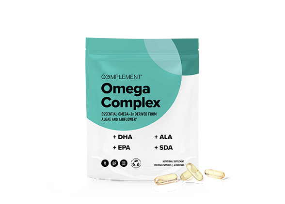 A teal and white pouch labeled Complement Omega Complex displays DHA, EPA, ALA, and SDA. The pouch is next to three translucent capsules.