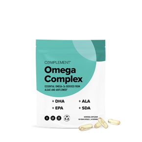 A pouch labeled COMPLEMENT® Omega Complex by Complement showcases plant-based DHA, EPA, ALA, and SDA from ahiflower seed and algae—vegan and gluten-free. Four translucent capsules are displayed in front.