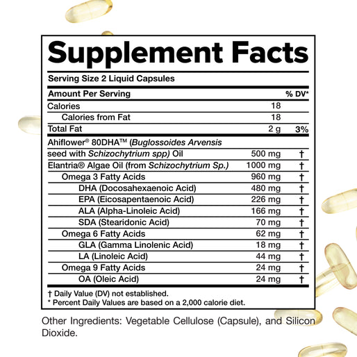 Supplement facts label for liquid capsules, listing serving size, calories, total fat, types and amounts of omega fatty acids, and other ingredients. Capsules and oil shown on the right against a white background.