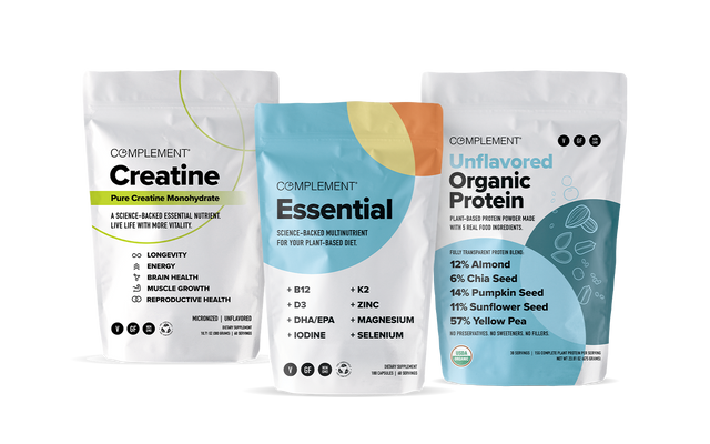Three white resealable pouches labeled Creatine, Essential, and Unflavored Organic Protein by Complement, featuring colorful design accents and detailed nutrition information on a white background.