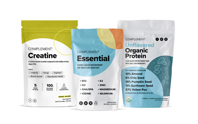 Three standing pouches of Complement supplements: Creatine, Essential Multinutrient, and Unflavored Organic Protein, each with distinct colors and labeled with their main nutritional benefits.
