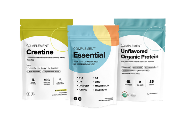 Three Complement brand supplement pouches: Creatine, Essential, and Unflavored Organic Protein.