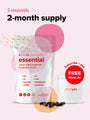Packaging for a plant-based multinutrient supplement titled Essential by Plantiou x Complement. Includes a white bottle of capsules and an offer for a free glass jar subscription. Various nutrients are listed, with abstract pink graphics in the background.
