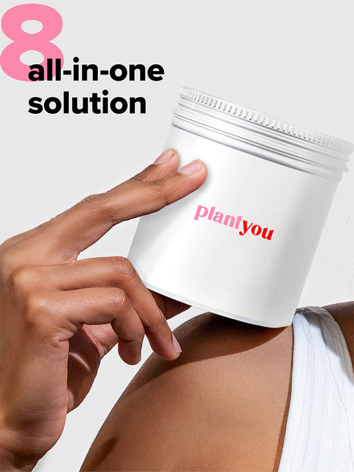 A person holding a white container labeled plantyou near their shoulder. The text 8 all-in-one solution is displayed in the top left corner.