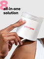 A person holding a white container labeled plantyou near their shoulder. The text 8 all-in-one solution is displayed in the top left corner.