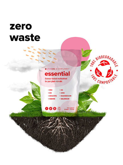 A compostable bag of essential nutrients for plant-rich diets is surrounded by soil, roots, and leaves. Bold text reads zero waste and a badge indicates 100% biodegradable, 100% compostable.