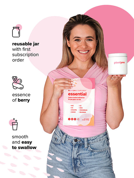 A person in a pink top and jeans holds a pink package labeled Essential and a reusable jar. Beside them are icons with text: reusable jar with first subscription order, essence of berry, and smooth and easy to swallow.